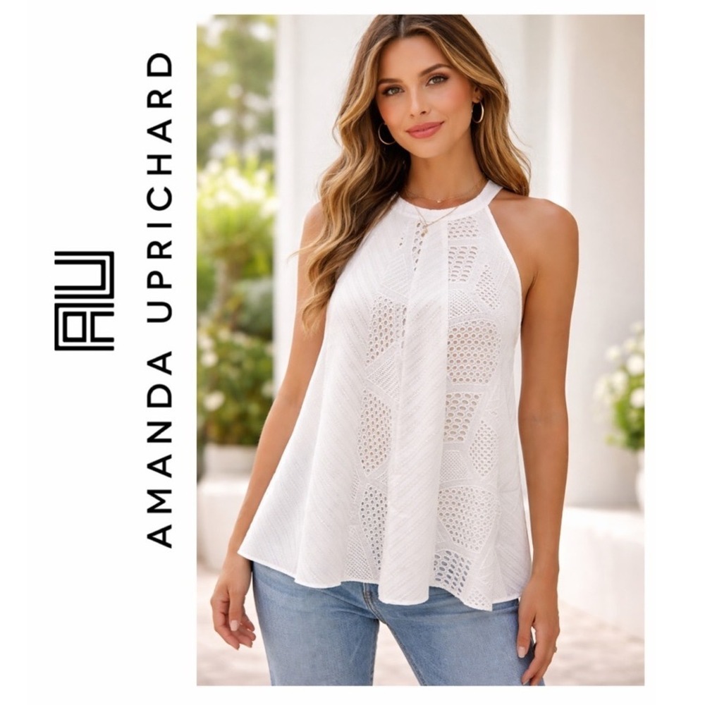 Amanda Uprichard White Eyelet Halter Top Geometric Lace Trapeze Blouse NWT‎ Sz M